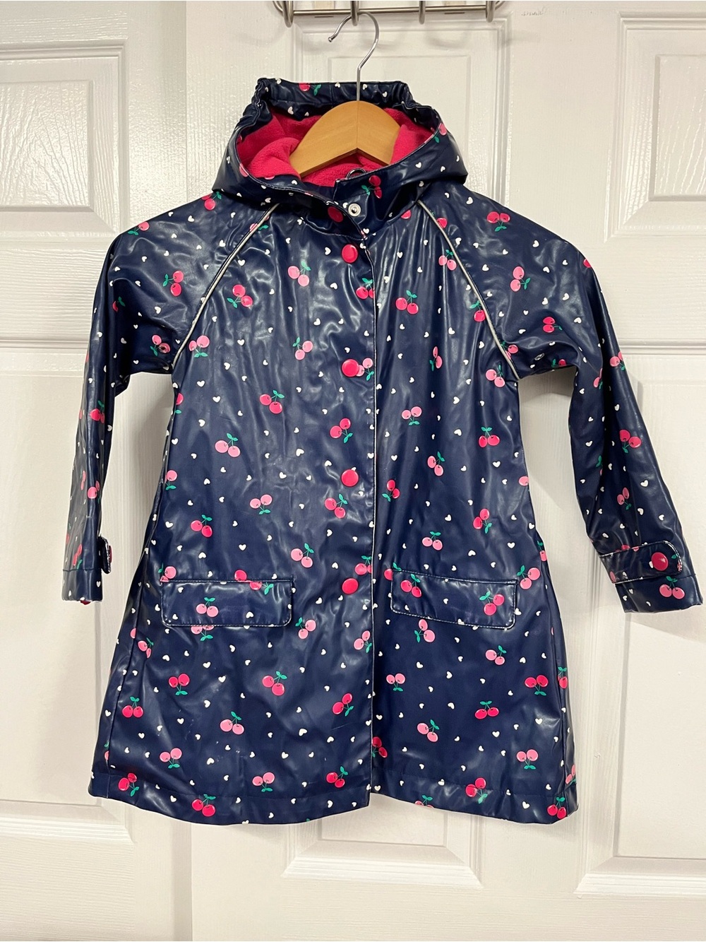 Girls 5/6 1989 Place Cherry Raincoat | Fleece Lined Hooded Jacket | EUC